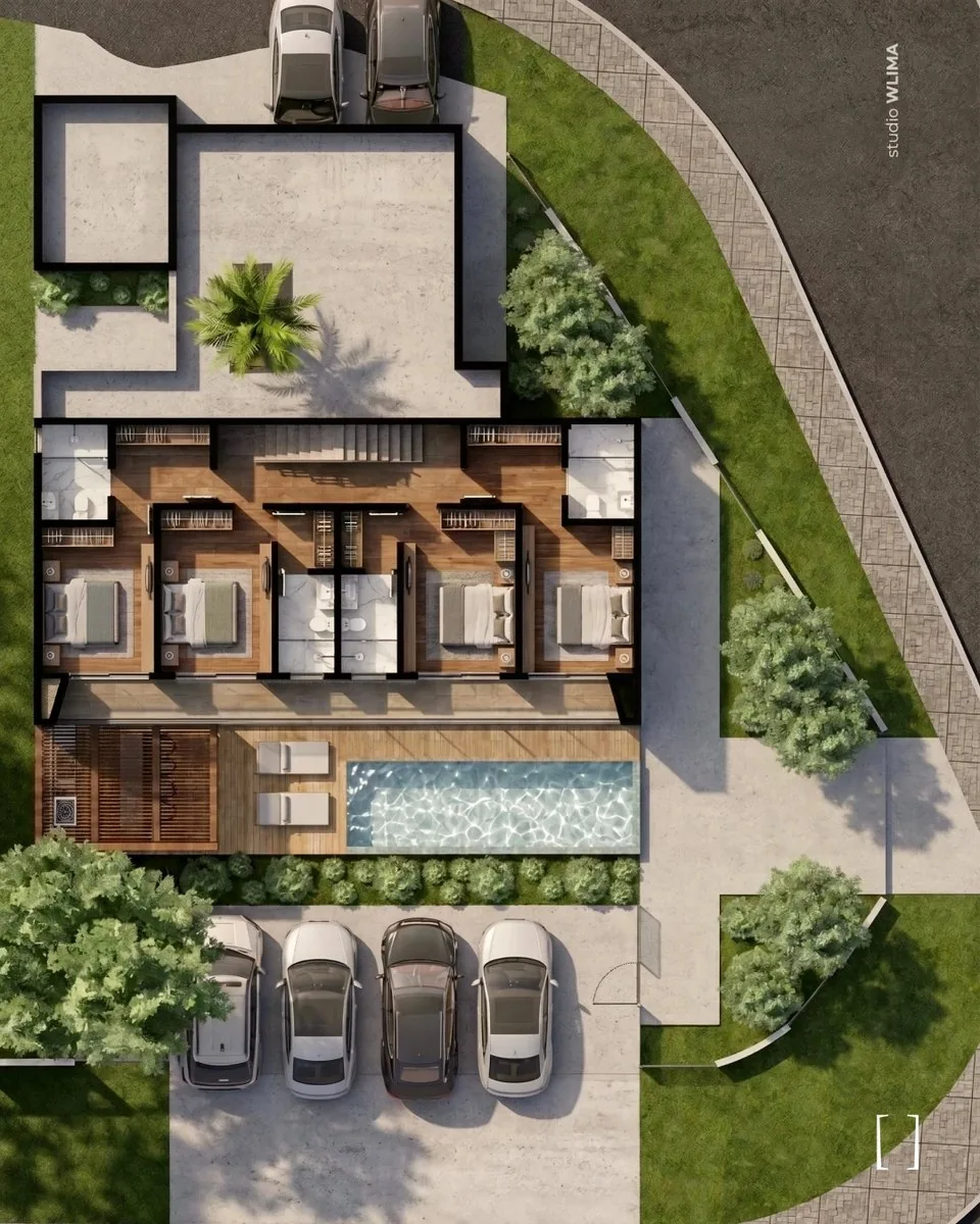 Vista aérea da Casa Itapema com as quatro suítes principais do pavimento superior alinhadas diante da varanda, piscina, deck e estacionamento