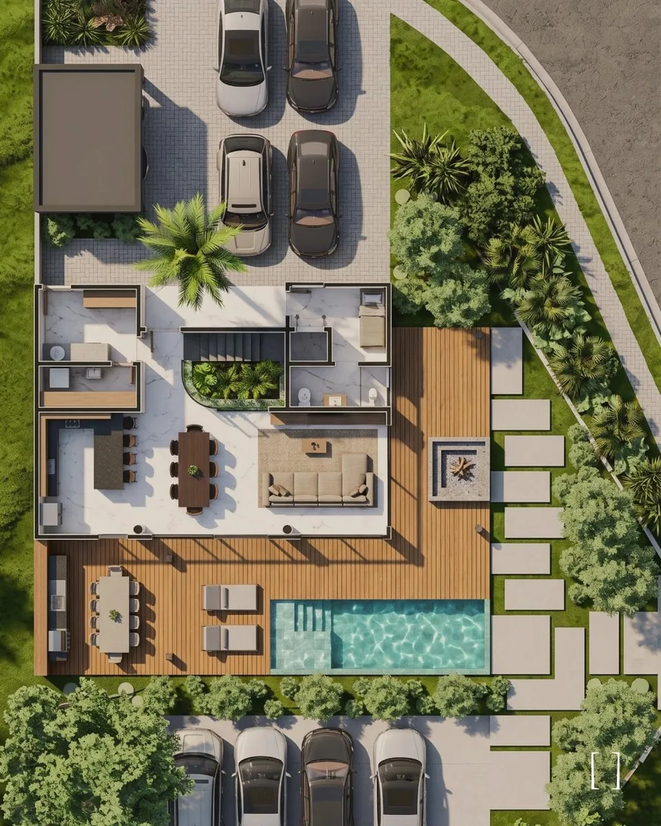 Vista aérea do térreo da Casa Itapema, com sala, jantar, cozinha, deck, piscina, espaço de fogo e estacionamento