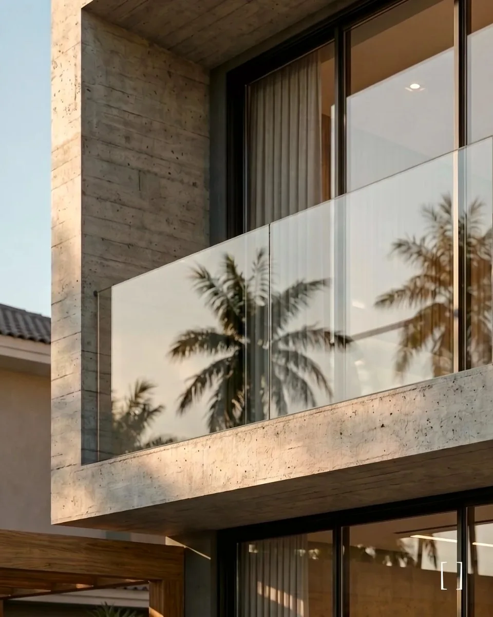 Detalhe da varanda da Casa Itapema, com guarda-corpo de vidro refletindo palmeiras, concreto aparente e esquadrias pretas