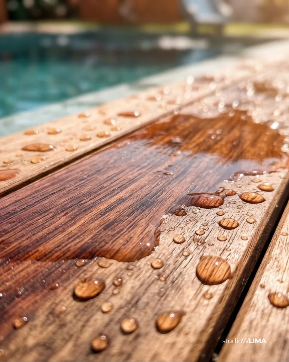 Detalhe do deck de madeira molhado à beira da piscina do Sítio I&J