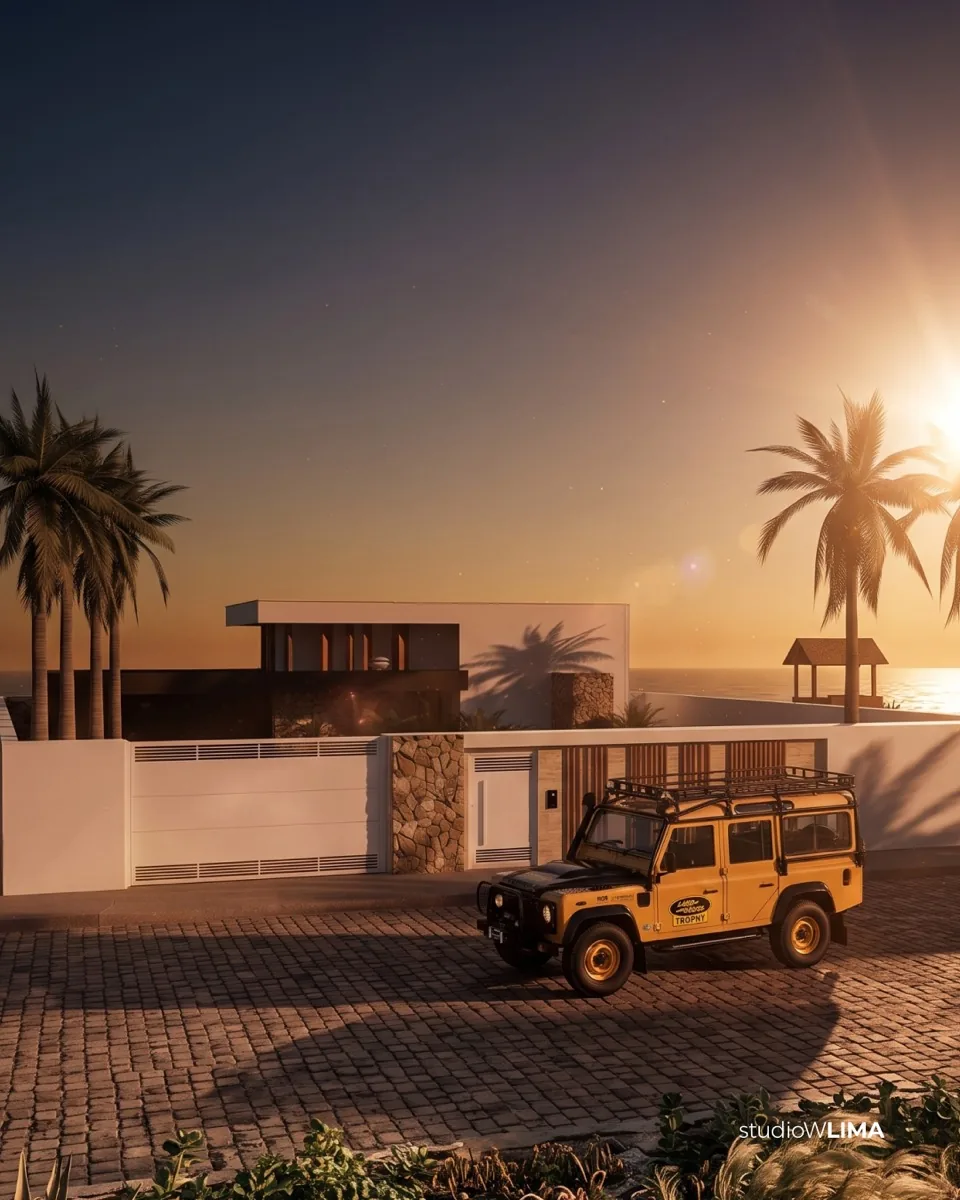 Fachada do Sítio I&J ao entardecer: casa contemporânea com muro branco, pedra natural e palmeiras