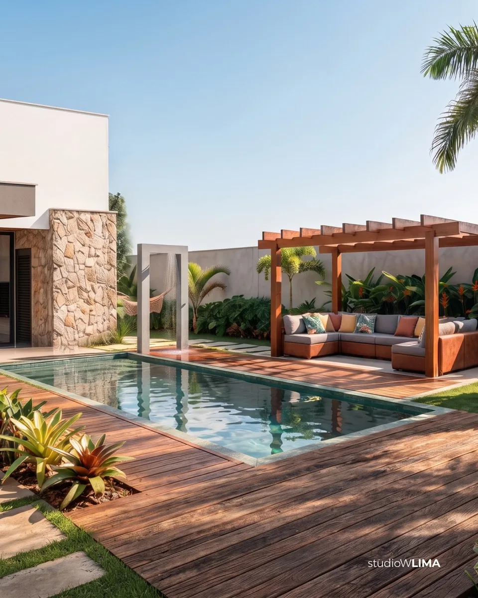 Piscina com deck de madeira e pergolado com sofá lounge no Sítio I&J, casa de sítio contemporânea tropical